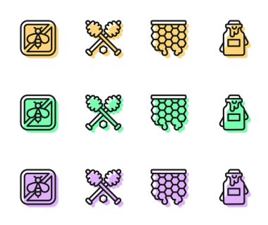 Hattı ayarla Bal Tarağı, Arıyı, Dipper Çubuğu ve bal ikonunu durdur. Vektör