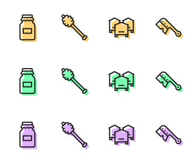 Arılar için Kovan hattı, bal kavanozu, bal kovanı çubuğu ve arıcılık ikonu. Vektör