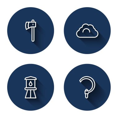 Tahta balta, bulutlu hava, su kulesi ve uzun gölgeli orak. Mavi daire düğmesi. Vektör