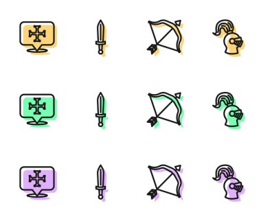 Orta Çağ yayı ve oku, Haçlı Seferi 'ni, kılıç ve miğfer simgesini ayarla. Vektör