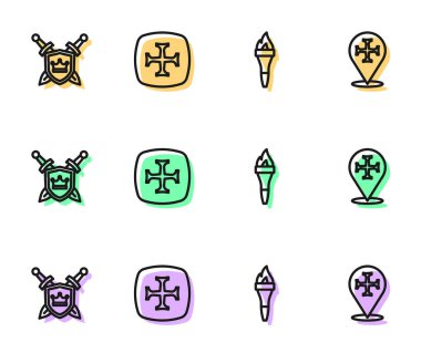 Halatı ateşe verin, kılıçlı kalkan, Haçlı Seferi ve ikon. Vektör