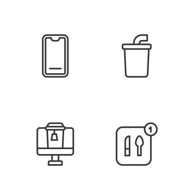 Çevrimiçi yiyecek siparişi verin, mobil ve kağıt bardaklara su ikonu koyun. Vektör