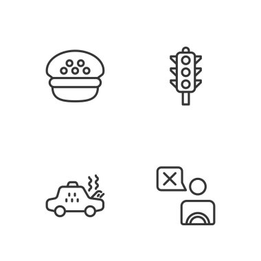 Taksi şoförü, bozuk taksi arabası, kep ve trafik ışığı ikonu. Vektör