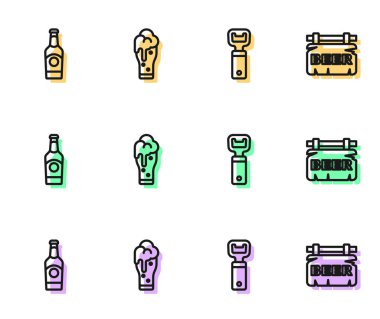 Şişe açacağı, bira şişesi, bir bardak bira ve ikonlu sokak tabelası. Vektör