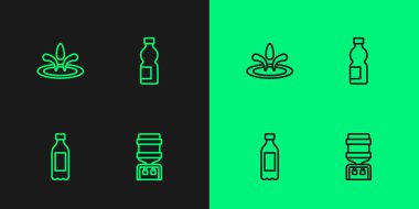 Su soğutucusu, bir şişe su, damla ve ikon. Vektör