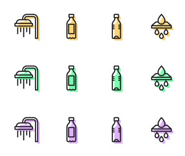 Bir şişe su, duş ve su filtresi kartuşu simgesi ayarla. Vektör