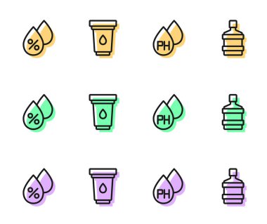 Su damlası, yüzde, filtre kartuşu ve temiz su ikonlu büyük şişe ayarlayın. Vektör