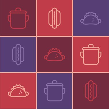 Hattı kur, yemek pişirme kabı, tortilla ve Hotdog ikonu ile Taco. Vektör