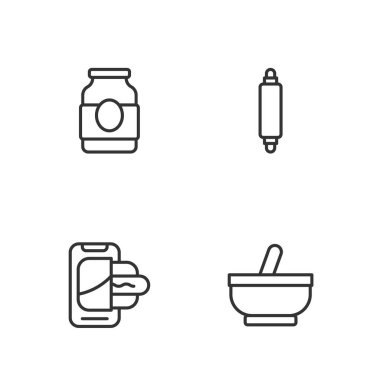 Havan topu ve tokmak hattı, seyyar yiyecek siparişi, reçel kavanozu ve Rolling pin ikonu. Vektör