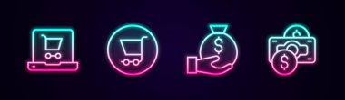 Alışveriş arabasını ekran bilgisayarına, para çantasına ve kağıt paraya ayarla. Parlayan neon ikonu. Vektör