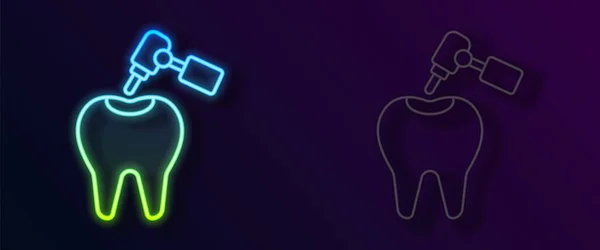 Leuchtende Neon Linie Zahn Mit Karies Und Zahnbohrersymbol Isoliert Auf — Stockvektor