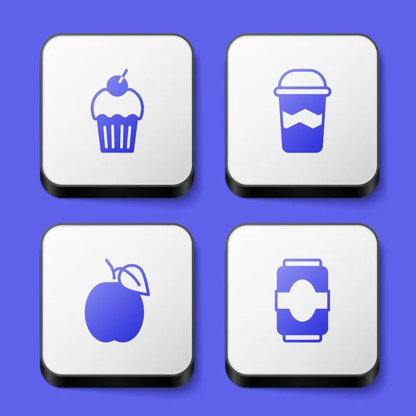 Definir Muffin Xícara Café Para Frutas Ameixa Refrigerante Pode Ícone — Vetor de Stock