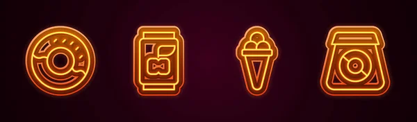 Donut Soda Kutusu Waffle Dondurma Internetten Yemek Siparişi Parlayan Neon — Stok Vektör