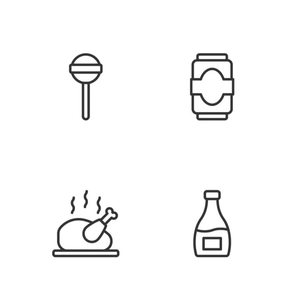 设定系列酱汁瓶 烤火或鸡肉 棒棒糖和苏打可以图标 — 图库矢量图片