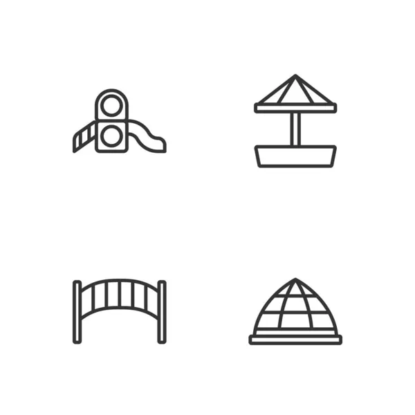 设置线游乐场攀爬设备 儿童桥 滑雪场和沙盒与沙滩图标 — 图库矢量图片