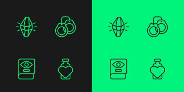 Aşk iksiriyle dolu bir şişe, Antik sihirli kitap, sihirli taş ve kelepçe ikonu. Vektör