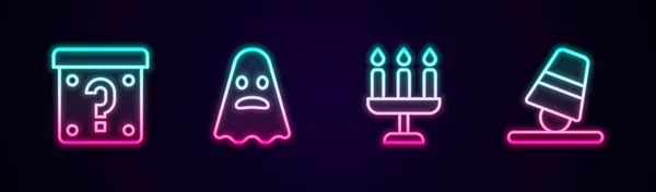 Set Line Mystery Box Ghost Candlestick Game Vingerhoedjes Een Gloeiend — Stockvector