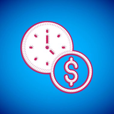 Beyaz Zaman, mavi arka planda izole edilmiş para simgesidir. Para zamandır. Etkili zaman yönetimi. Zamanı paraya çevir. Vektör