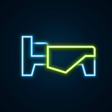 Parlayan neon çizgisi yatak simgesi siyah arkaplanda izole edildi. Renkli taslak konsepti. Vektör