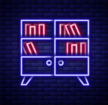 Parlayan neon hattı Kütüphane kitaplığı simgesi tuğla duvar arka planında izole edildi. Renkli taslak konsepti. Vektör