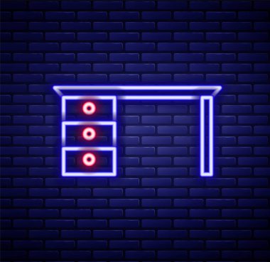 Parlayan neon hattı ofis masası simgesi tuğla duvar arkasında izole edildi. Renkli taslak konsepti. Vektör