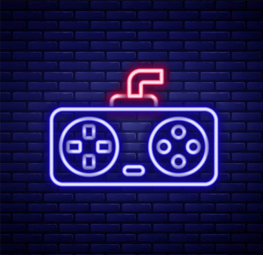 Parlayan neon hattı oyun denetleyici ya da oyun konsolu simgesi için joystick tuğla duvar arka planında izole. Renkli taslak konsepti. Vektör