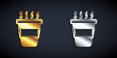 Siyah arka planda izole edilmiş altın ve gümüş kahve fincanı. Uzun gölge tarzı. Vektör