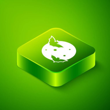 Isometric Moon ve yıldız simgesi yeşil arkaplanda izole edildi. Bulutlu gece işareti. Uyku rüyalarının sembolü. Dolunay. Gece ya da yatak zamanı tabelası. Yeşil kare düğmesi. Vektör