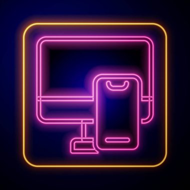 Parlayan neon çevrimiçi sipariş ve fast food dağıtım ikonu siyah arka planda izole edildi. Vektör