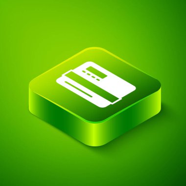 Isometric kredi kartı simgesi yeşil arkaplanda izole edildi. Çevrimiçi ödeme. Nakit çekilmesi. Finansal operasyonlar. Alışveriş tabelası. Yeşil kare düğmesi. Vektör