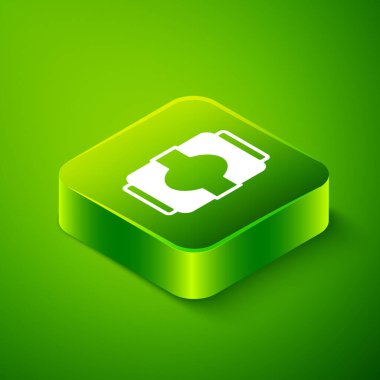 Isometric Soda kutusu simgesi yeşil arkaplanda izole edildi. Yeşil kare düğmesi. Vektör