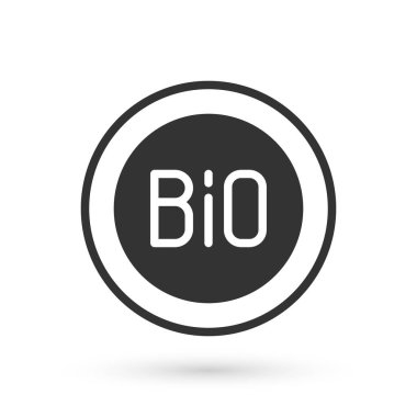 Gri Banner, etiket, etiket, biyoyeşil sağlıklı gıda ikonu için logo beyaz arka planda izole. Organik ürün. Sağlıklı yemek etiketi. Vektör