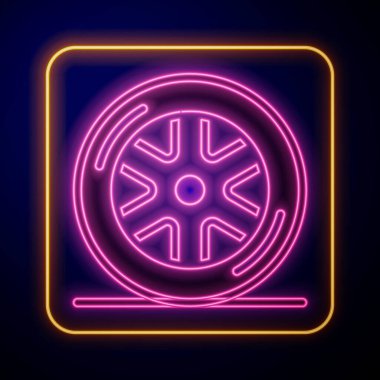 Parlayan neon araba tekerleği simgesi siyah arkaplanda izole edildi. Vektör