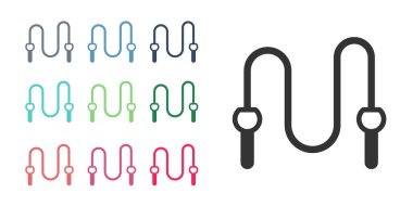 Beyaz arkaplanda siyah atlama ipi simgesi izole edildi. İp atlıyorum. Spor malzemeleri. Simgeleri renklendirin. Vektör