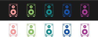 Stereo hoparlör simgesini siyah beyaz arkaplanda izole et. Ses sistemi hoparlörleri. Müzik ikonu. Müzikal sütun hoparlörü. Vektör
