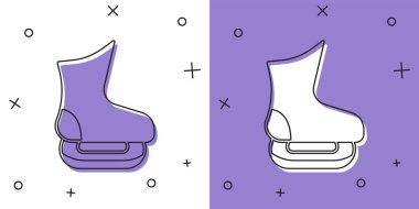 Paten simgesini beyaz ve mor arkaplanda izole et. Buz pateni ayakkabısı ikonu. Kılıçlı spor botlar. Vektör