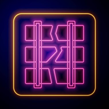 Parlayan neon kırıkları ya da siyah arka planda izole edilmiş bir demiryolu ikonu üzerindeki kırık raylar. Vektör