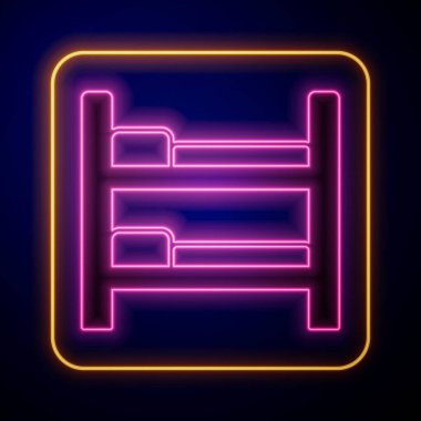 Parlayan neon yatak ikonu siyah arkaplanda izole edildi. Vektör
