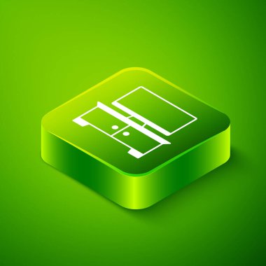 Isometric TV masa başı simgesi yeşil arkaplanda izole edildi. Yeşil kare düğmesi. Vektör