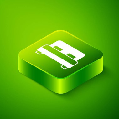 Yeşil arka planda iki ya da bir kişi için Isometric Büyük yatak. Yeşil kare düğmesi. Vektör