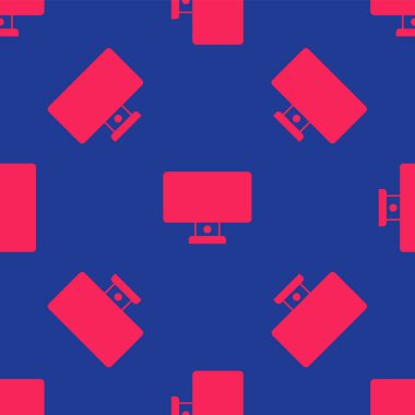 Kırmızı Bilgisayar monitörü simgesi mavi arkaplanda izole edilmiş. Bilgisayar bileşeni işareti. Vektör