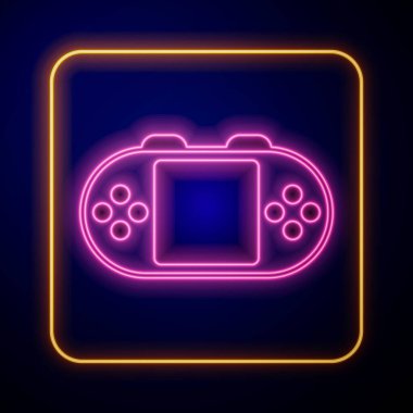 Parlayan neon portatif oyun konsol simgesi siyah arkaplanda izole edildi. El bilgisayarı oyun konsolu. Vektör