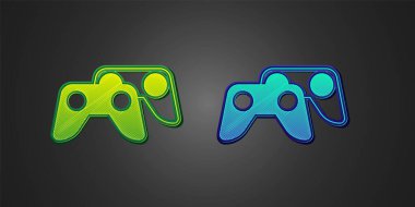 Siyah arkaplanda izole edilmiş oyun konsolu simgesi için yeşil ve mavi oyun denetleyici veya joystick. Vektör