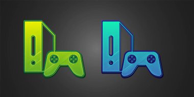 Siyah zemin üzerinde joystick simgesi olan yeşil ve mavi video oyun konsolu. Vektör