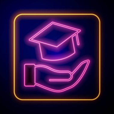 Parlayan neon eğitim bursu simgesi siyah arkaplanda izole edildi. Okul ücreti, finansal eğitim, bütçe fonu, burs programı, mezuniyet şapkası. Vektör