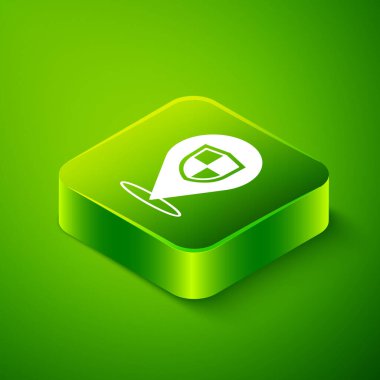 Yeşil arkaplanda Isometric Konum Kalkanı simgesi izole edildi. Sigorta konsepti. Gardiyan. Güvenlik, güvenlik, koruma, gizlilik kavramı. Yeşil kare düğmesi. Vektör