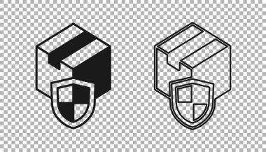 Kara Teslimat Güvenliği 'nin kalkan simgesi şeffaf arkaplanda izole edildi. Teslimat sigortası. Kalkanın ötesinde sigorta kutuları var. Vektör