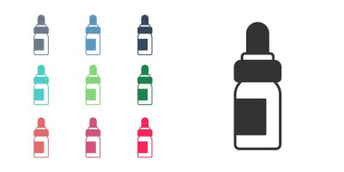 Siyah esaslı yağ şişesi simgesi beyaz arka planda izole edilmiş. Organik aromaterapi özü. Cilt bakımı serumu cam bırakma paketi. Simgeleri renklendirin. Vektör