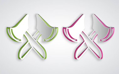 Kağıt kesiği tahta balta simgesi gri arkaplanda izole edilmiş. Oduncu baltası. Kağıt sanatı tarzı. Vektör