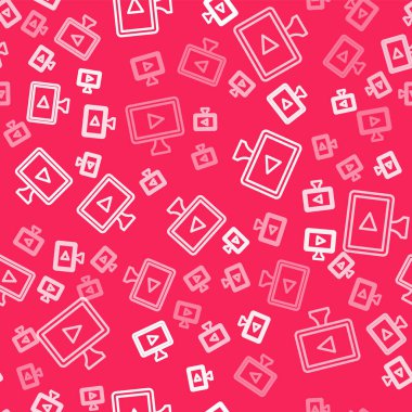 Kırmızı arkaplanda beyaz çizgi Online video simgesi izole edildi. Oyun işaretli film şeridi. Vektör